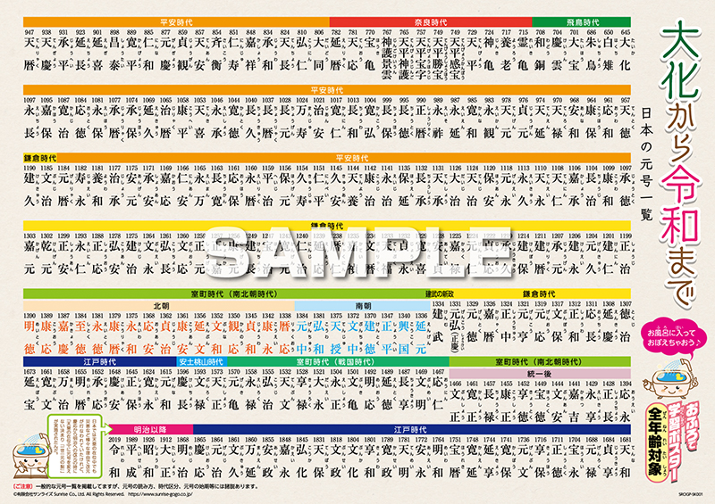 おふろで学習ポスター「令和 (れいわ) 対応 日本の元号一覧」